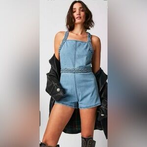 Free People Revolve Karina Denim Shorts Open Back Romper, NWT, Size XL
